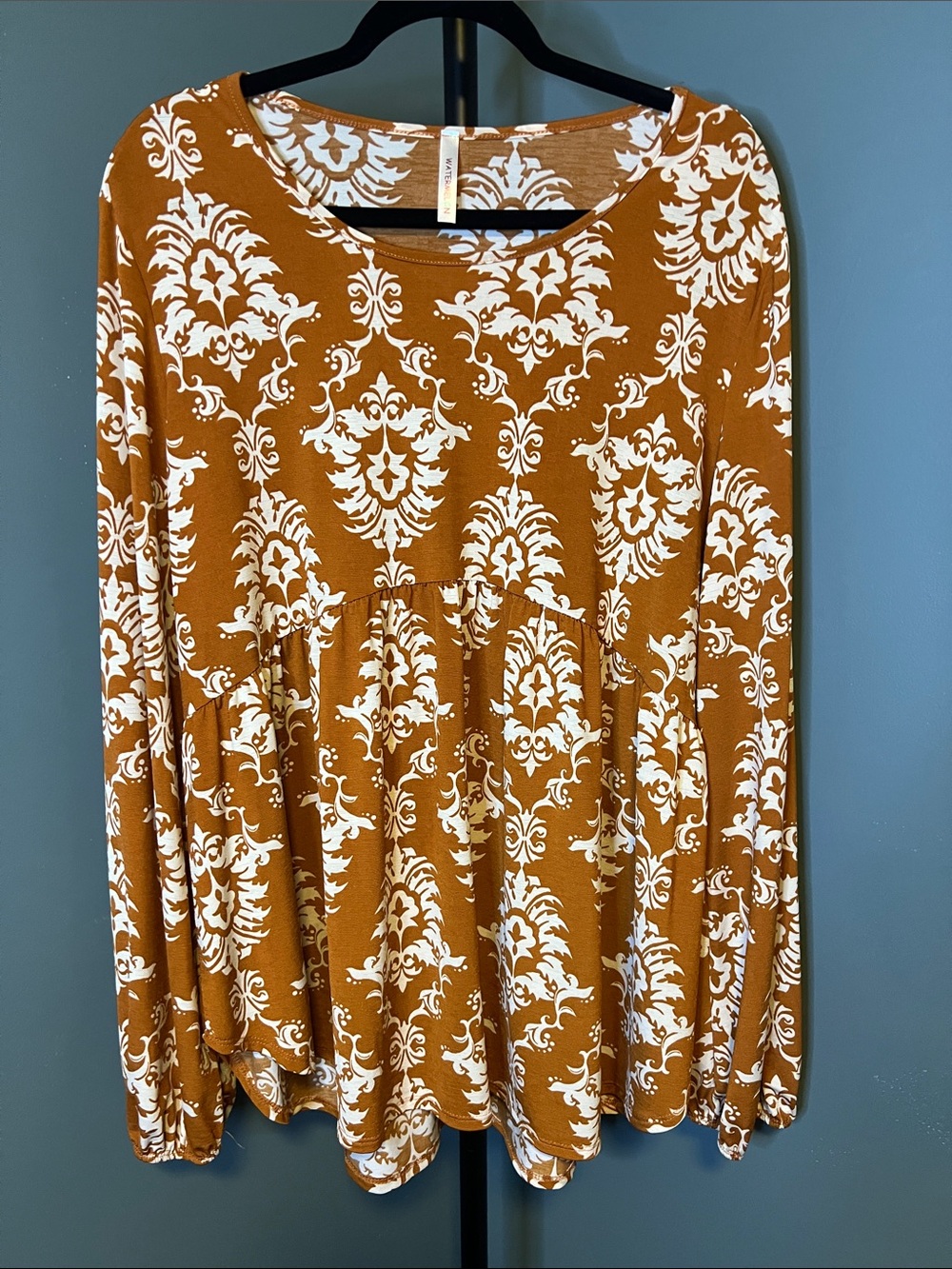 Watermelon mustard & White Damask Peplum Top - Scoop Neck